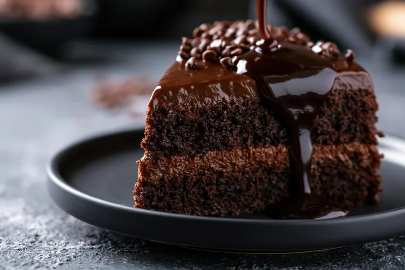 Slice of dark chocolate layer cake with chocolate ganache pouring over it on a matte black plate