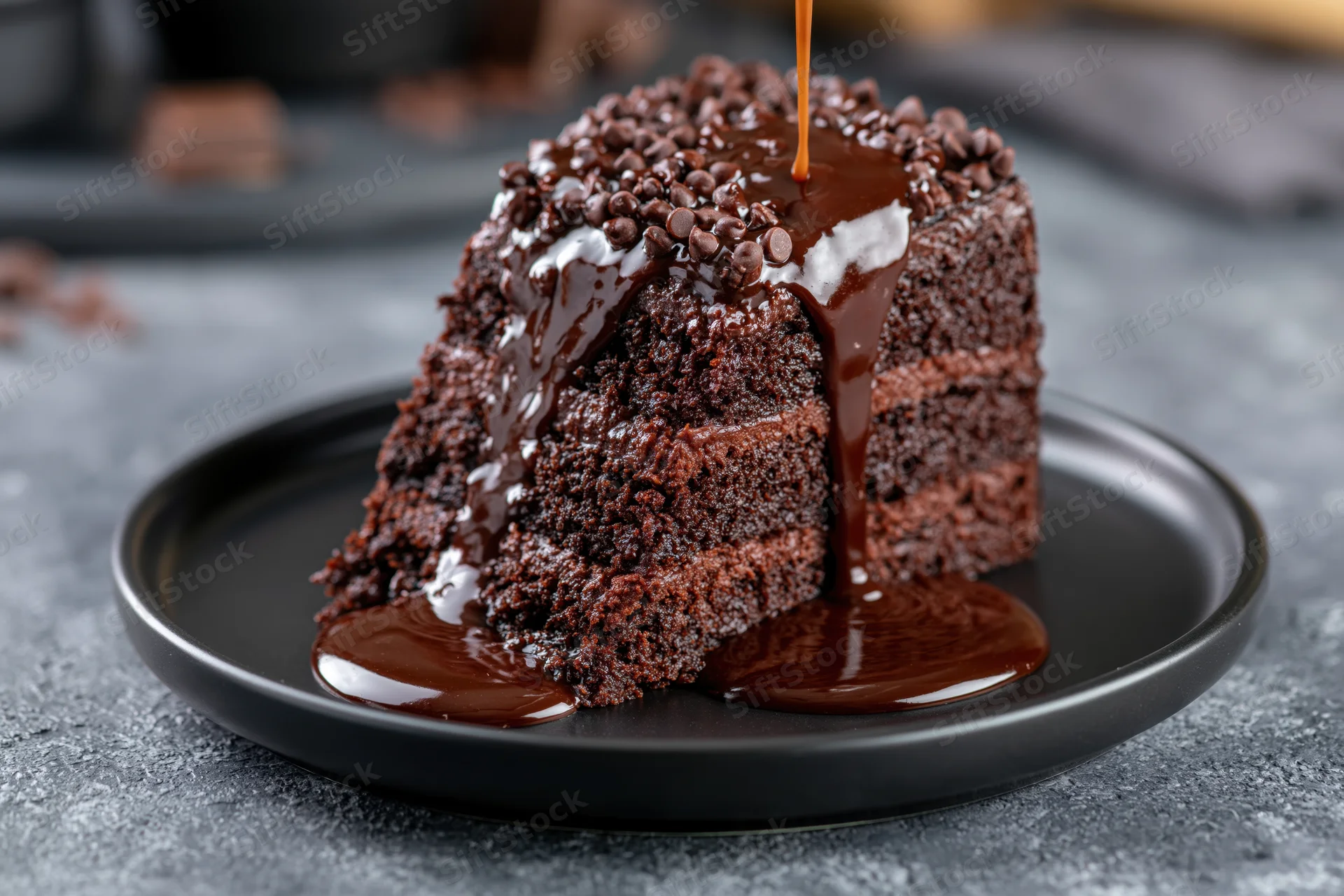 Slice of dark chocolate layer cake with chocolate glaze dripping onto a matte black plate on a gray textured surface