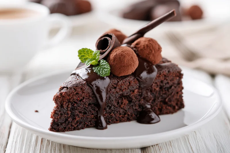 Slice of dense chocolate brownie cake topped with chocolate ganache and mint on white plate on wooden table