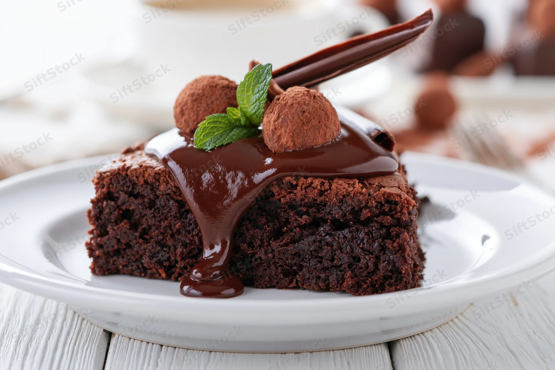 Slice of chocolate brownie cake with ganache and mint garnish on white plate
