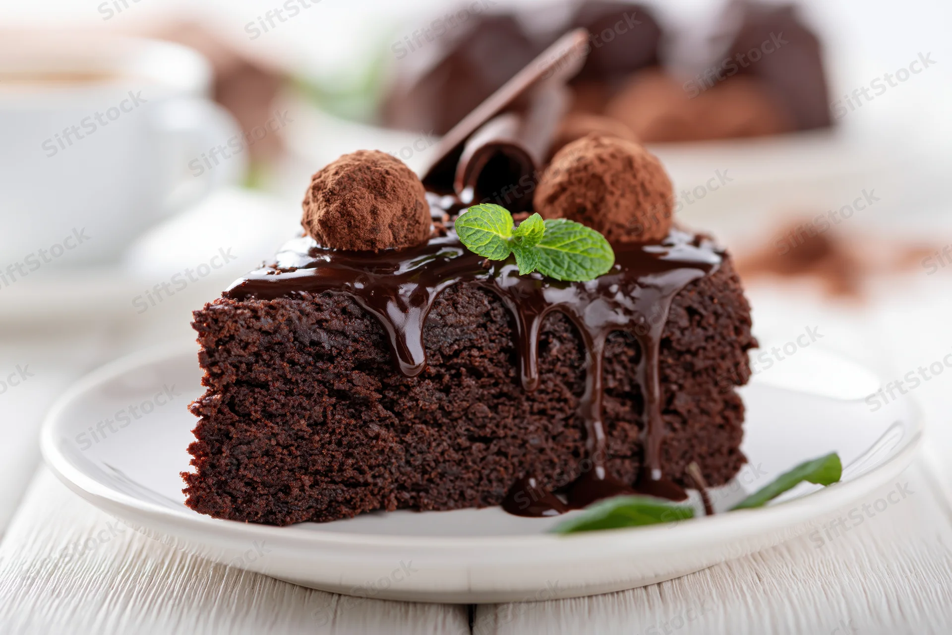 Slice of chocolate brownie cake with ganache and mint on white plate