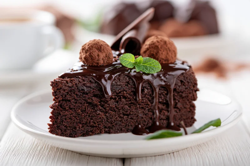 Slice of chocolate brownie cake with ganache and mint on white plate