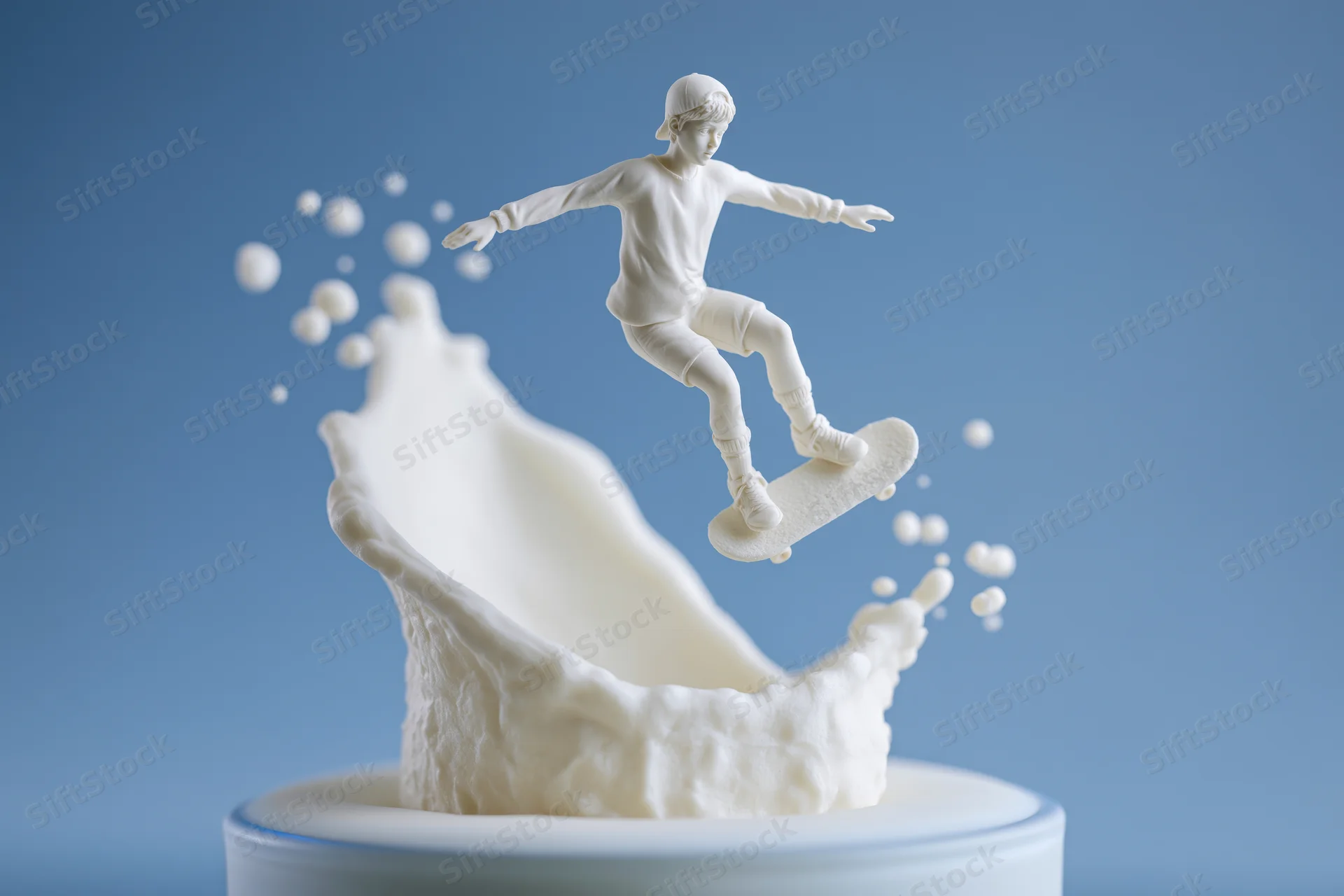 White milk sculpture of a child skateboarding on a splash emerging from a carton