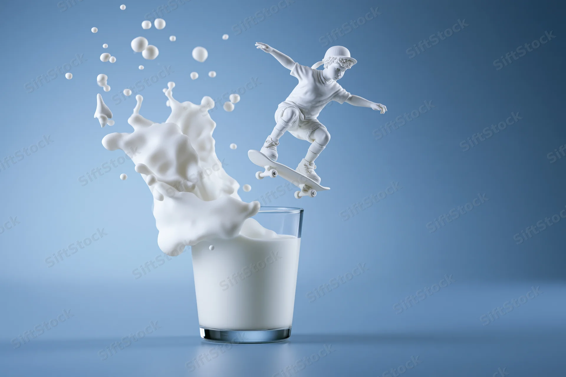 White milk sculpture of a child skateboarding over a glass of milk with splash against blue background