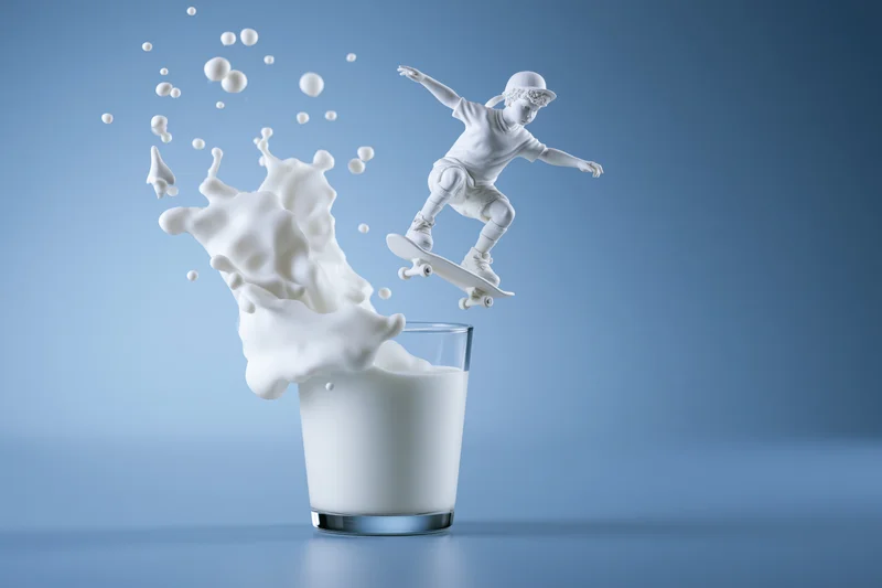 White milk sculpture of a child skateboarding over a glass of milk with splash against blue background