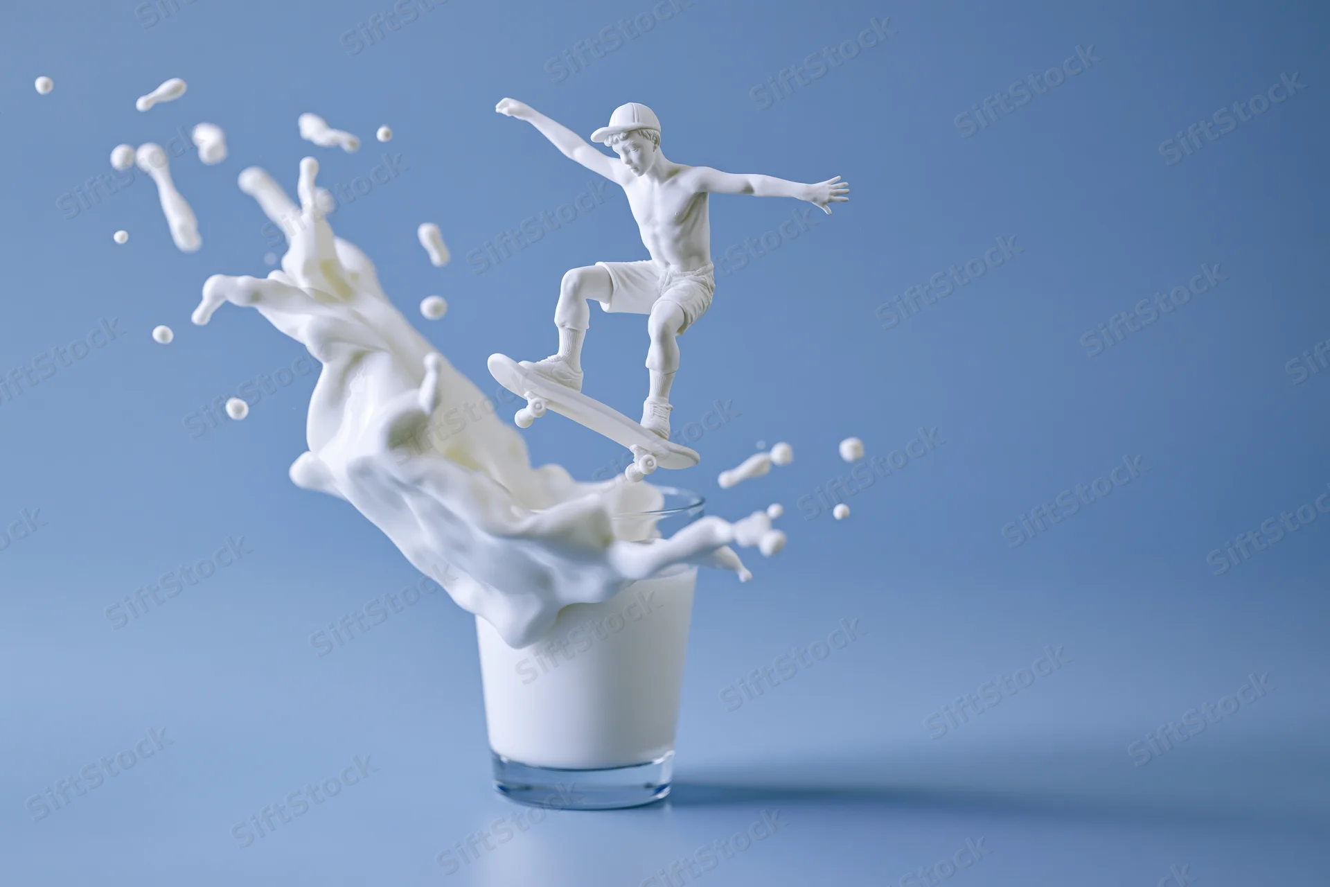 White milk sculpture of a child skateboarding emerging from a glass of milk against a blue background