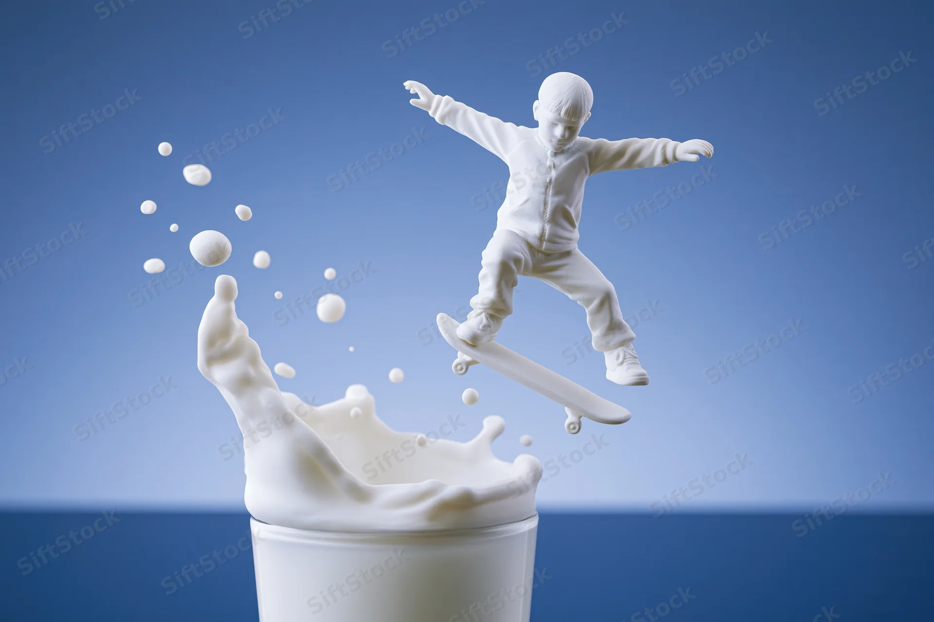 White milk sculpture of a child skateboarding mid-air above a splashing carton