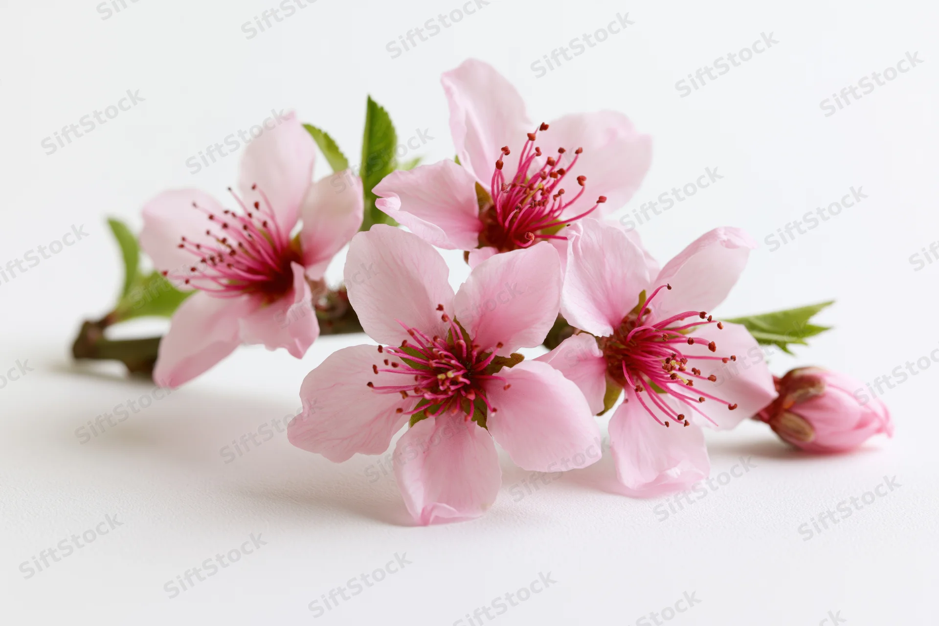 Peach blossom branch with five open pink flowers and green leaves on white background