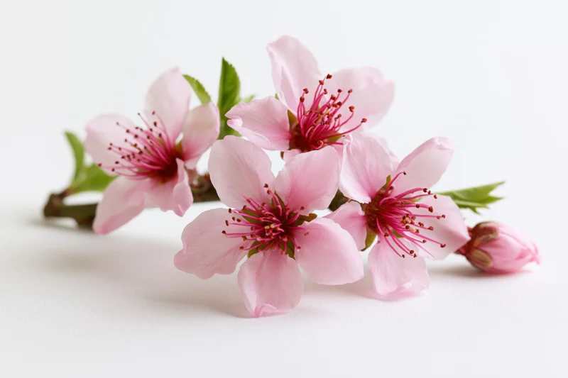 Peach blossom branch with five open pink flowers and green leaves on white background