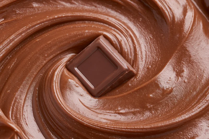 Chocolate square partially submerged in swirling melted chocolate