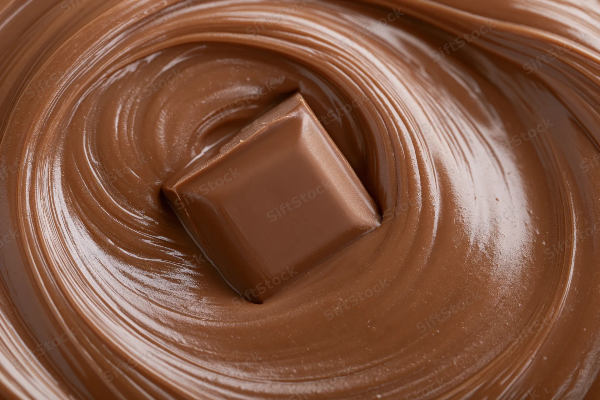 Chocolate square partially submerged in swirling melted chocolate