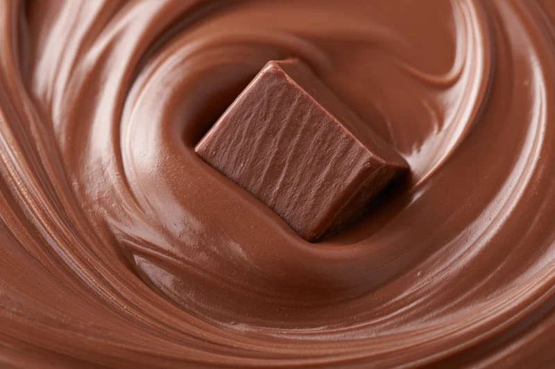 Solid chocolate square partially submerged in swirling melted chocolate