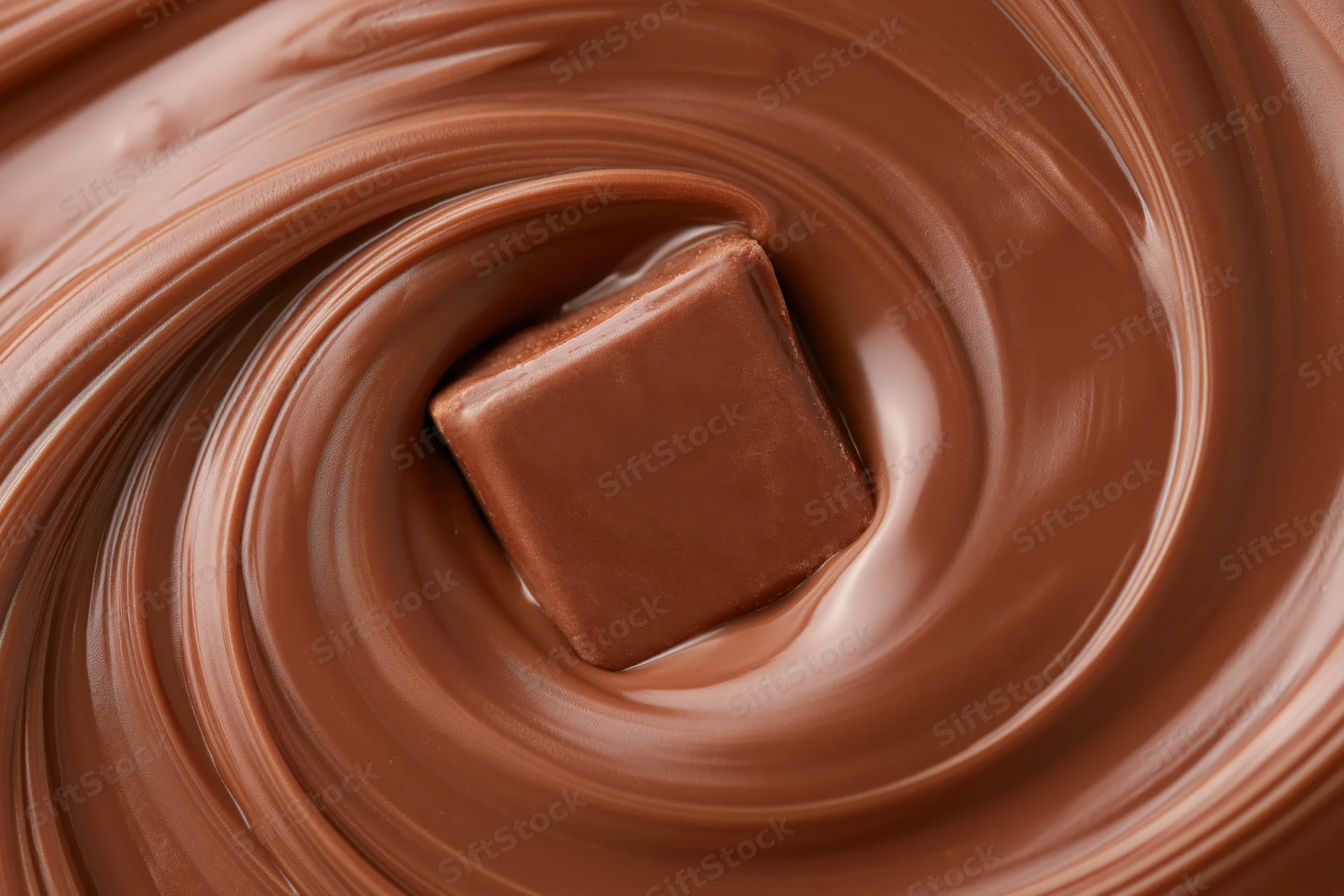 Solid chocolate square partially submerged in swirling melted chocolate