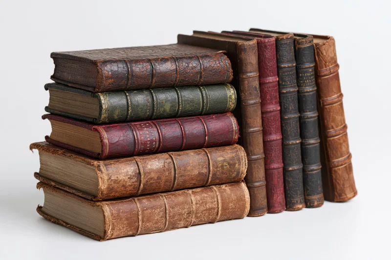 Stack of worn antique leather-bound books arranged horizontally on white background