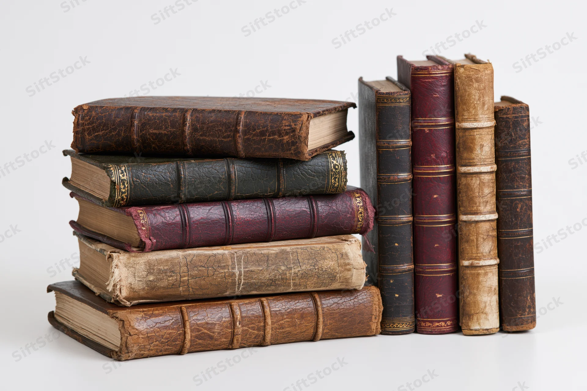 Stack of worn antique leather-bound books arranged horizontally on white background