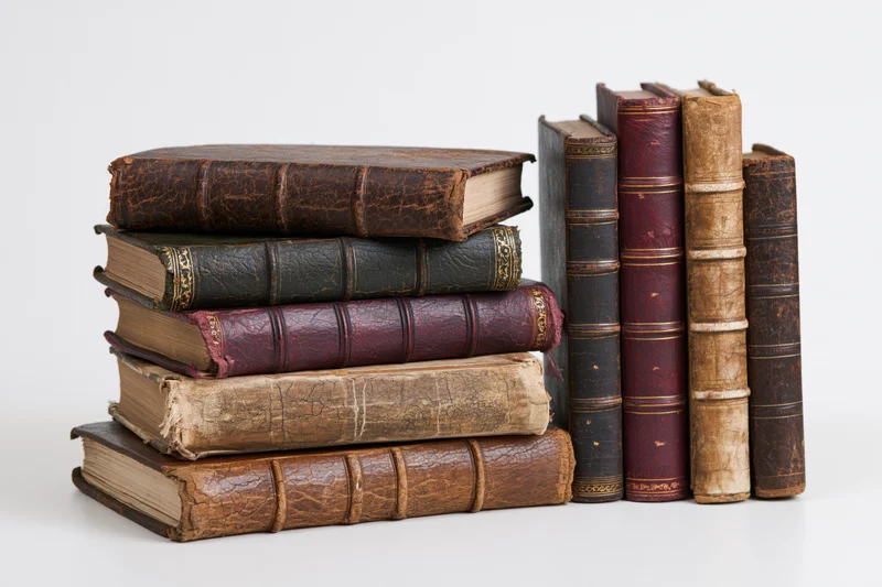 Stack of worn antique leather-bound books arranged horizontally on white background