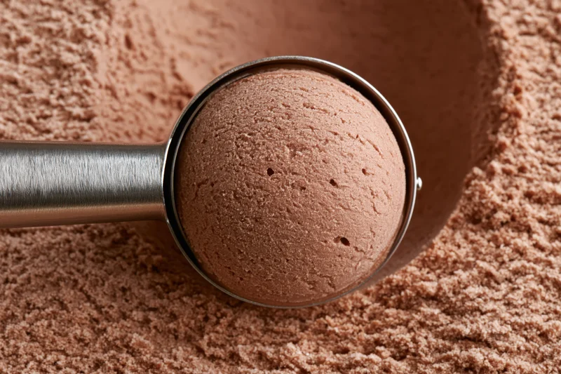Stainless steel ice cream scoop lifting a rounded ball of chocolate ice cream from a pile of cocoa powder