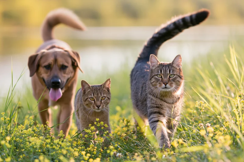Tabby cat and brown mixed-breed dog walking side by side through a grassy field with yellow flowers