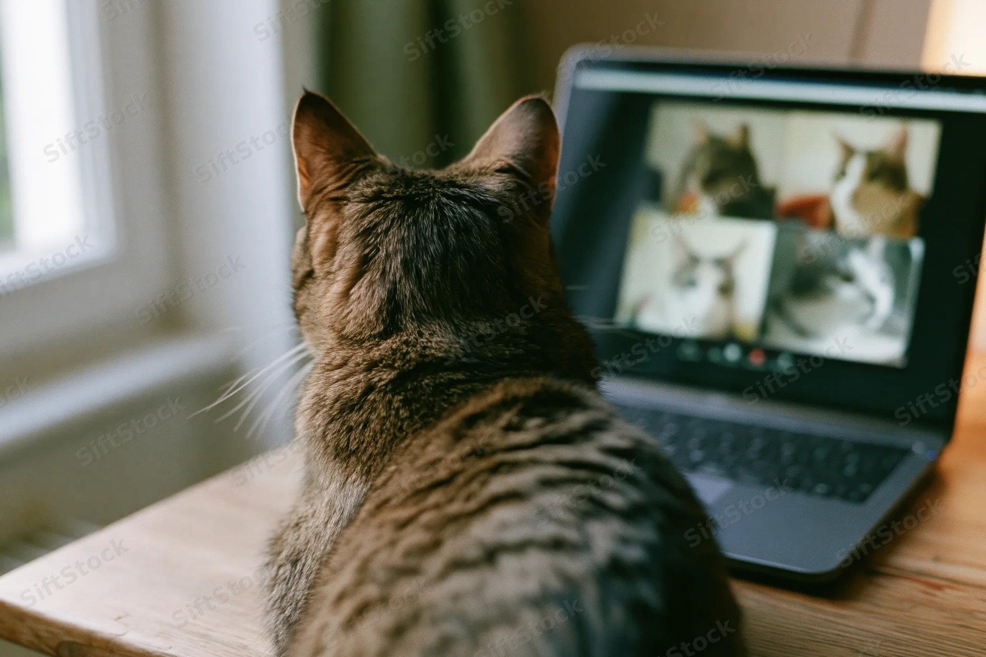 Tabby cat sitting on wooden desk facing laptop screen showing video call with other cats