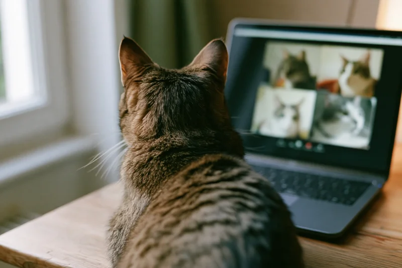 Tabby cat sitting on wooden desk facing laptop screen showing video call with other cats