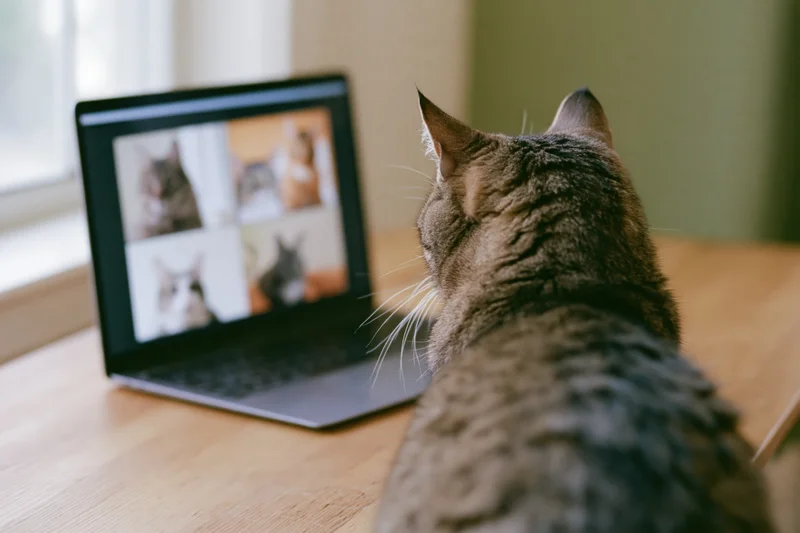 Tabby cat watching video conference on laptop screen at wooden desk