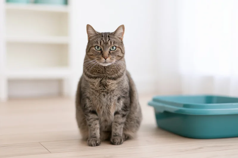 Tabby cat sitting upright on light wood floor beside blue litterbox in bright indoor space
