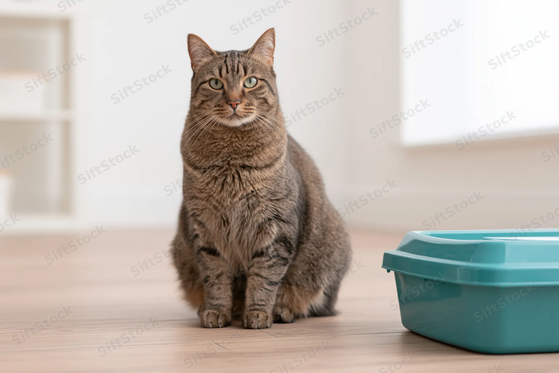 Tabby cat sitting upright on light wood floor next to teal litterbox in home interior