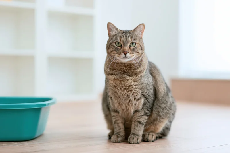Tabby cat sitting upright on light wood floor next to a teal bowl in a bright indoor space