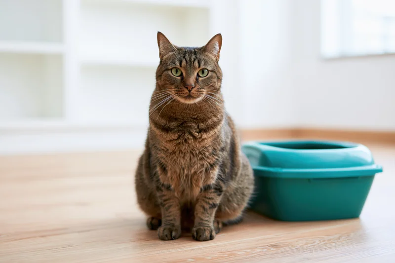 Tabby cat sitting upright on light wood floor beside teal litterbox in home interior