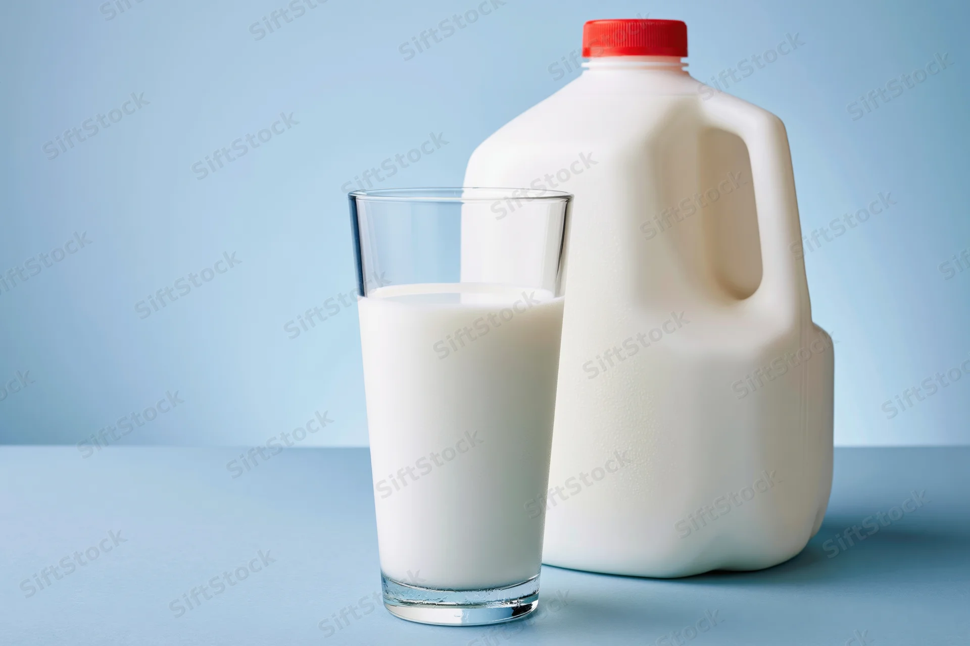 A glass of milk beside a plastic jug on a blue surface