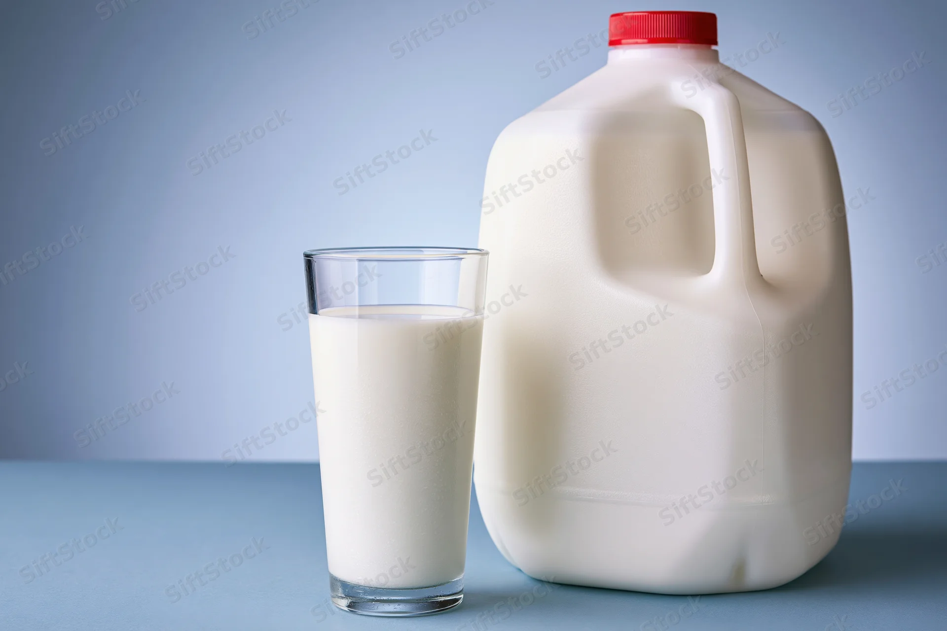 A tall glass of milk beside a plastic jug on a blue surface
