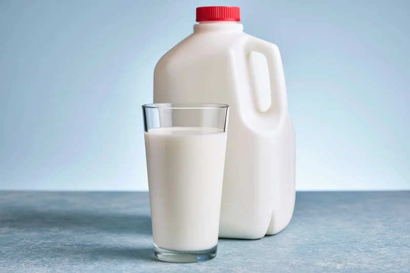 Tall glass of whole milk in front of a plastic jug on a blue surface