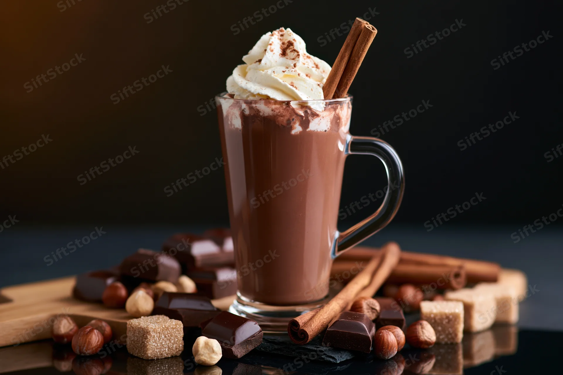 Tall glass mug of hot chocolate topped with whipped cream and cinnamon stick on a wooden board with chocolate pieces, hazelnuts, and sugar cubes around it