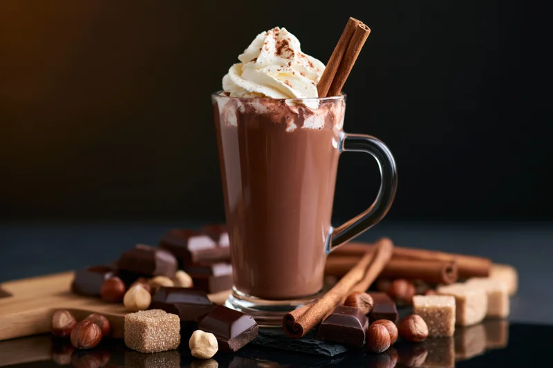 Tall glass mug of hot chocolate topped with whipped cream and cinnamon stick on a wooden board with chocolate pieces, hazelnuts, and sugar cubes around it