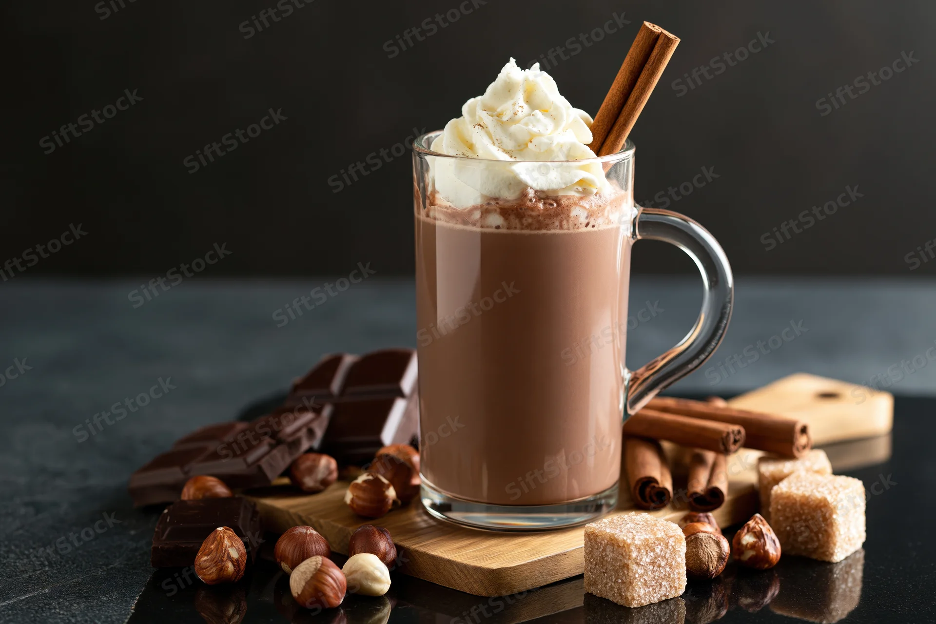 Tall glass mug of hot chocolate topped with whipped cream and cinnamon stick on wooden board with chocolate, hazelnuts and sugar cubes around