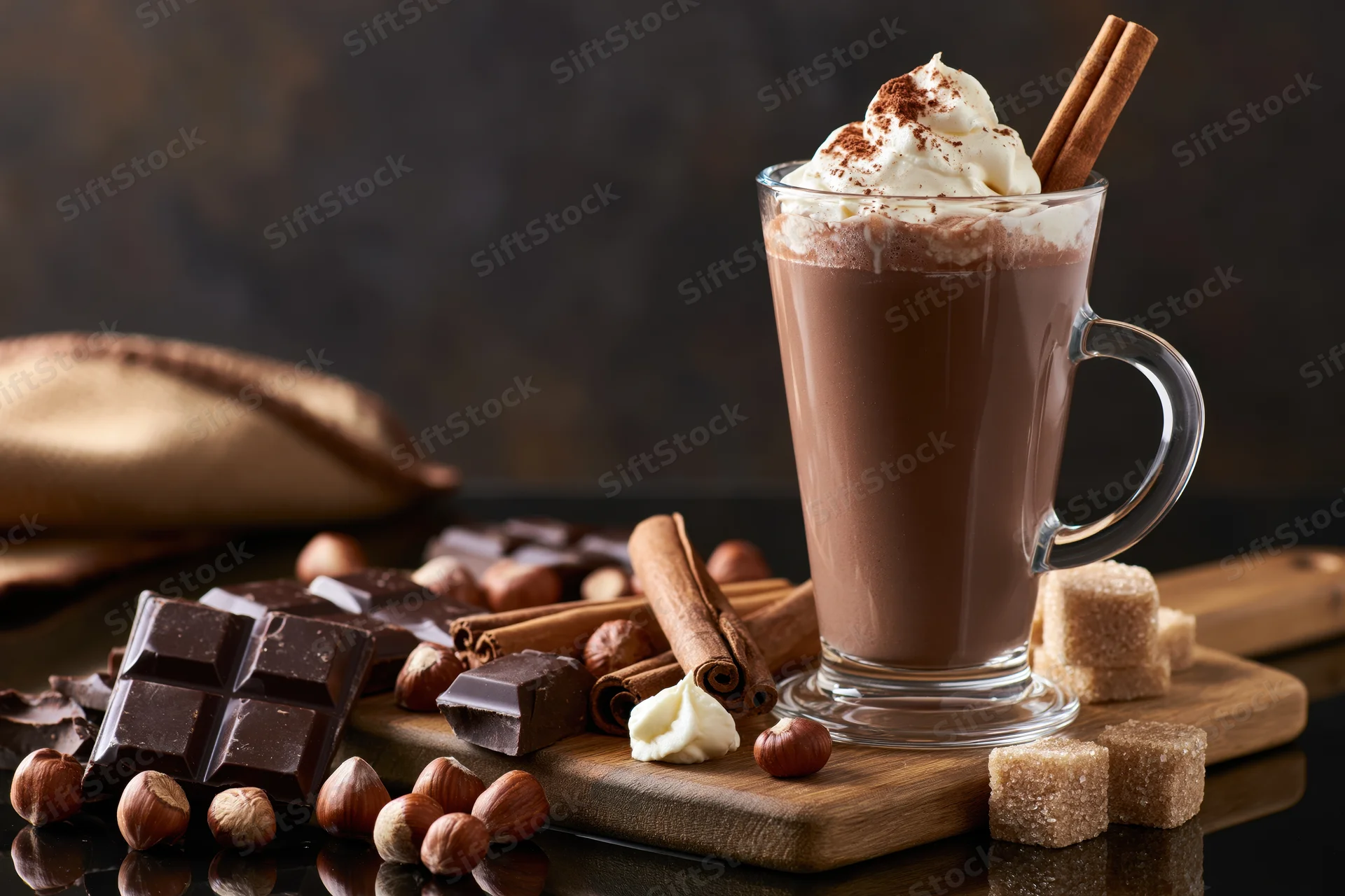 Tall glass mug of hot chocolate topped with whipped cream and cinnamon sticks on a wooden board with chocolate pieces, hazelnuts, and sugar cubes around it