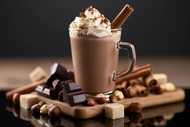 Tall glass mug of hot chocolate topped with whipped cream and cinnamon stick on wooden board with chocolate pieces, hazelnuts, and sugar cubes