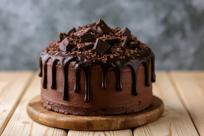 Tall round chocolate layer cake with dripping ganache and chocolate chunks on a wooden serving board