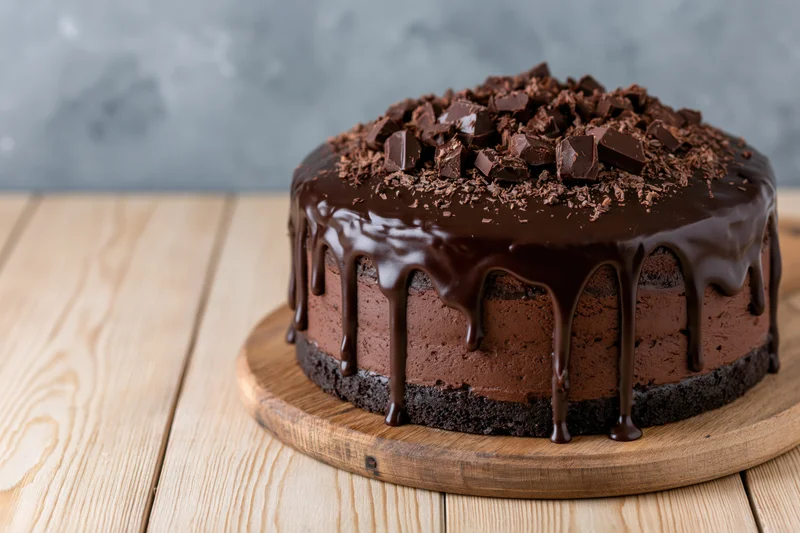 Tall round chocolate layer cake with dripping ganache and chocolate chunks on wooden serving board
