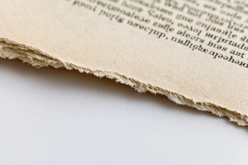 Torn edge of aged paperback novel page with ragged fiber texture on white background