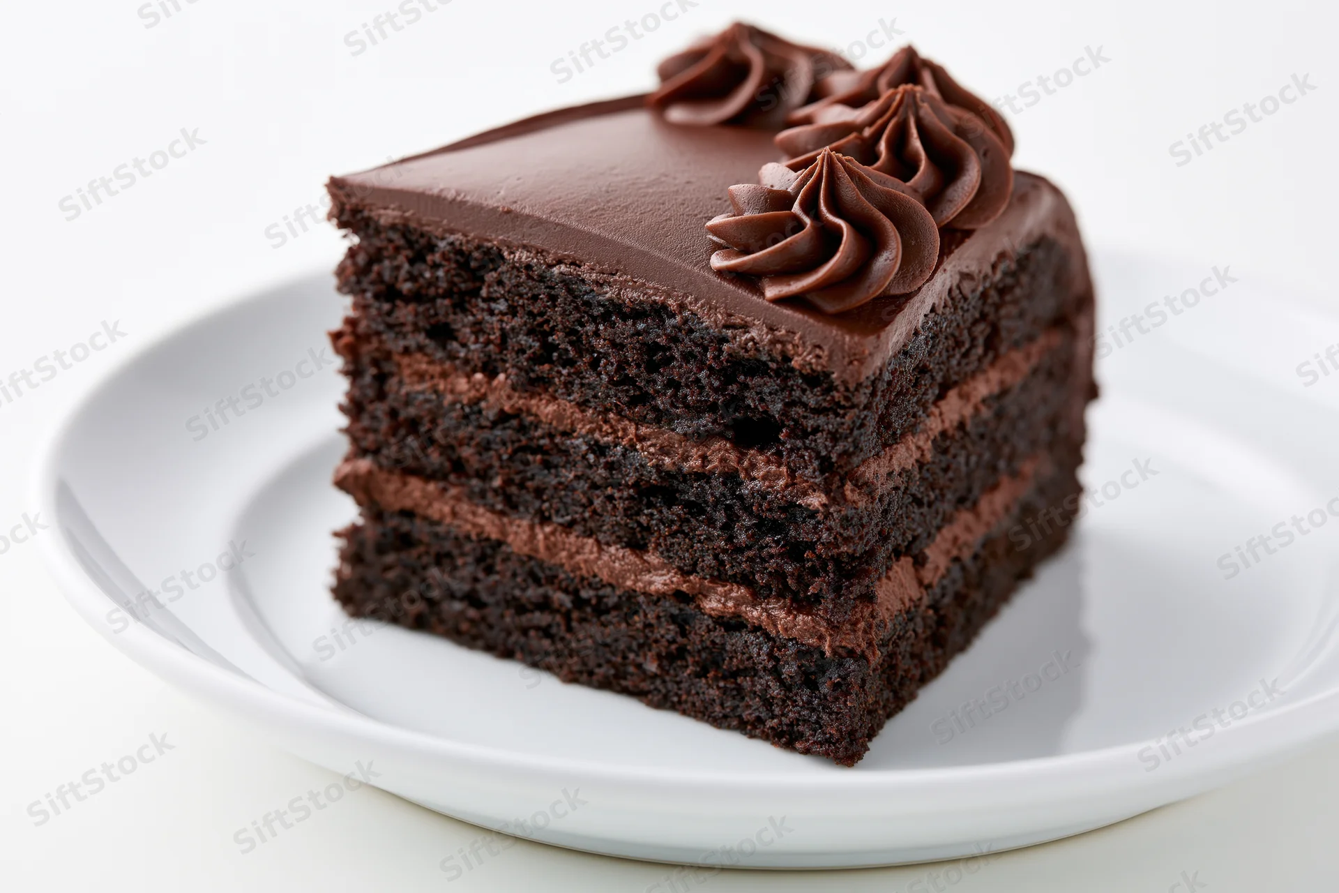 Triangular slice of three-layer chocolate cake on a white plate, close-up studio shot