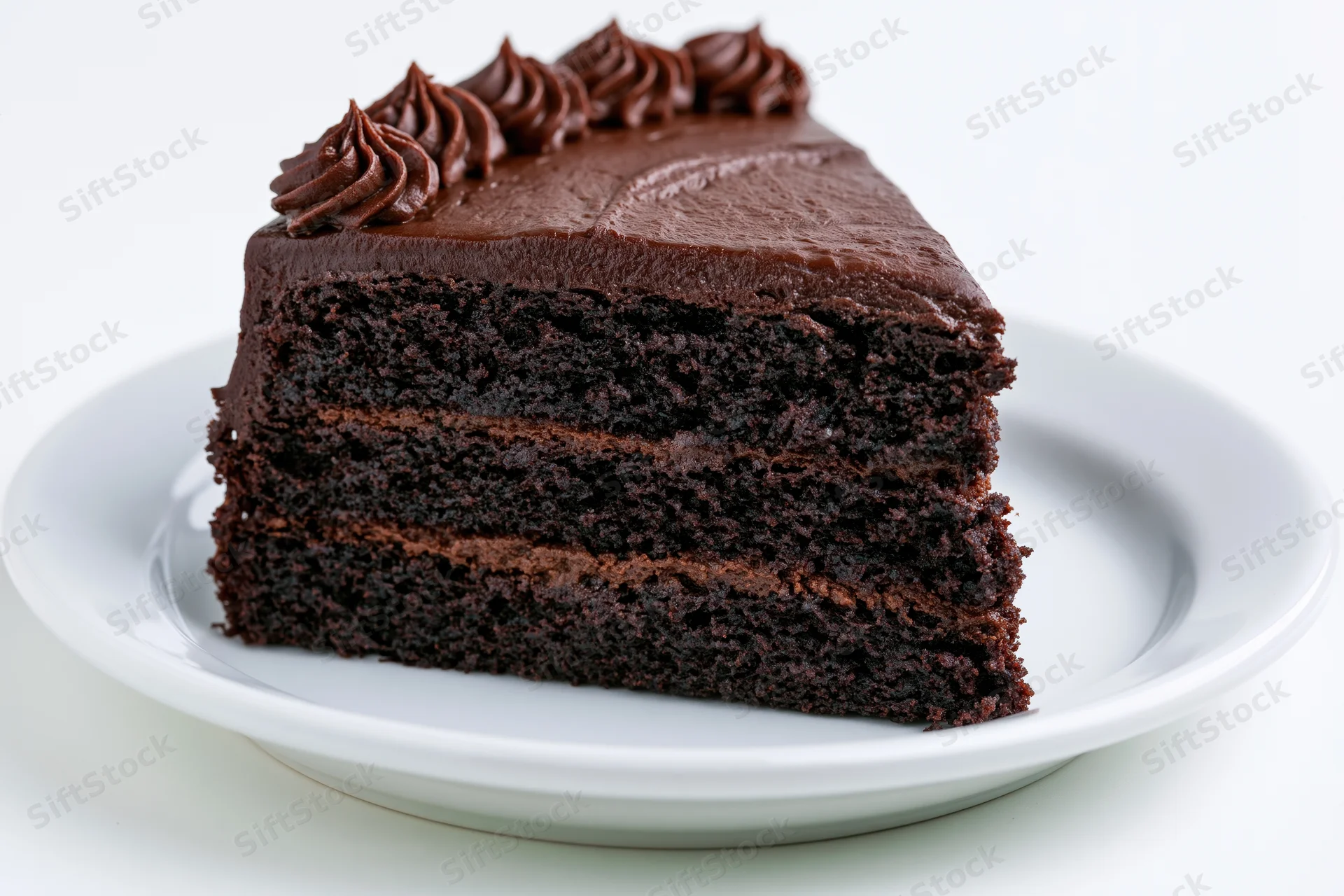 Triangular slice of three-layer chocolate cake with chocolate frosting on a white plate