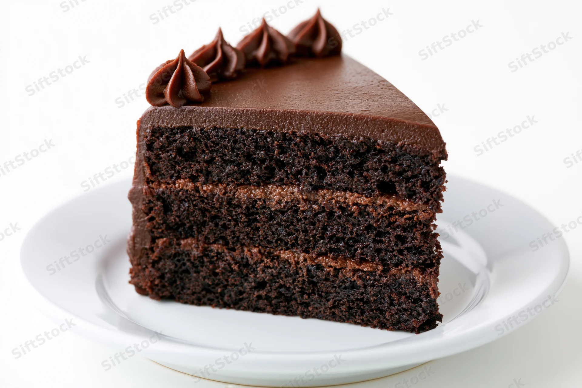 Triangular slice of three-layer chocolate cake on a white plate against a white background