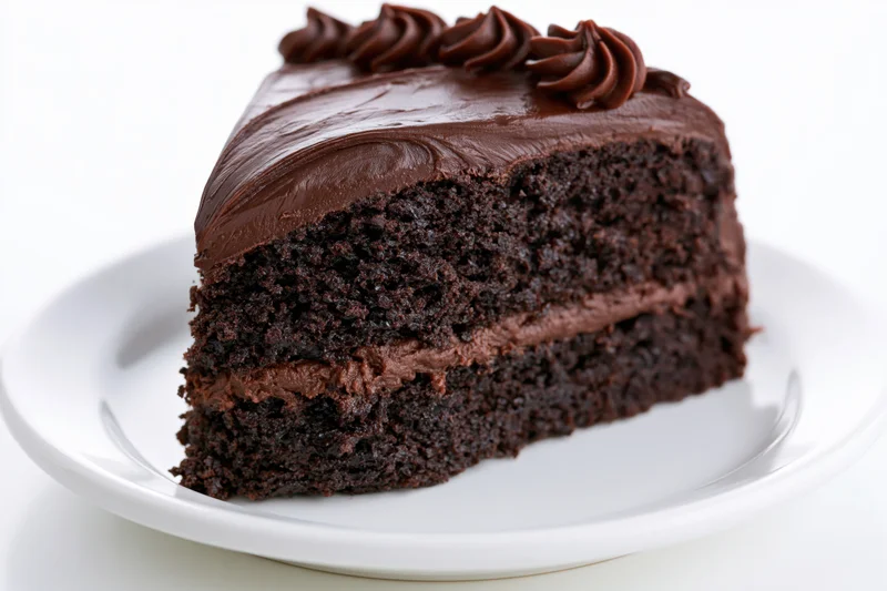 Triangular slice of three-layer chocolate cake on a white plate against a white background