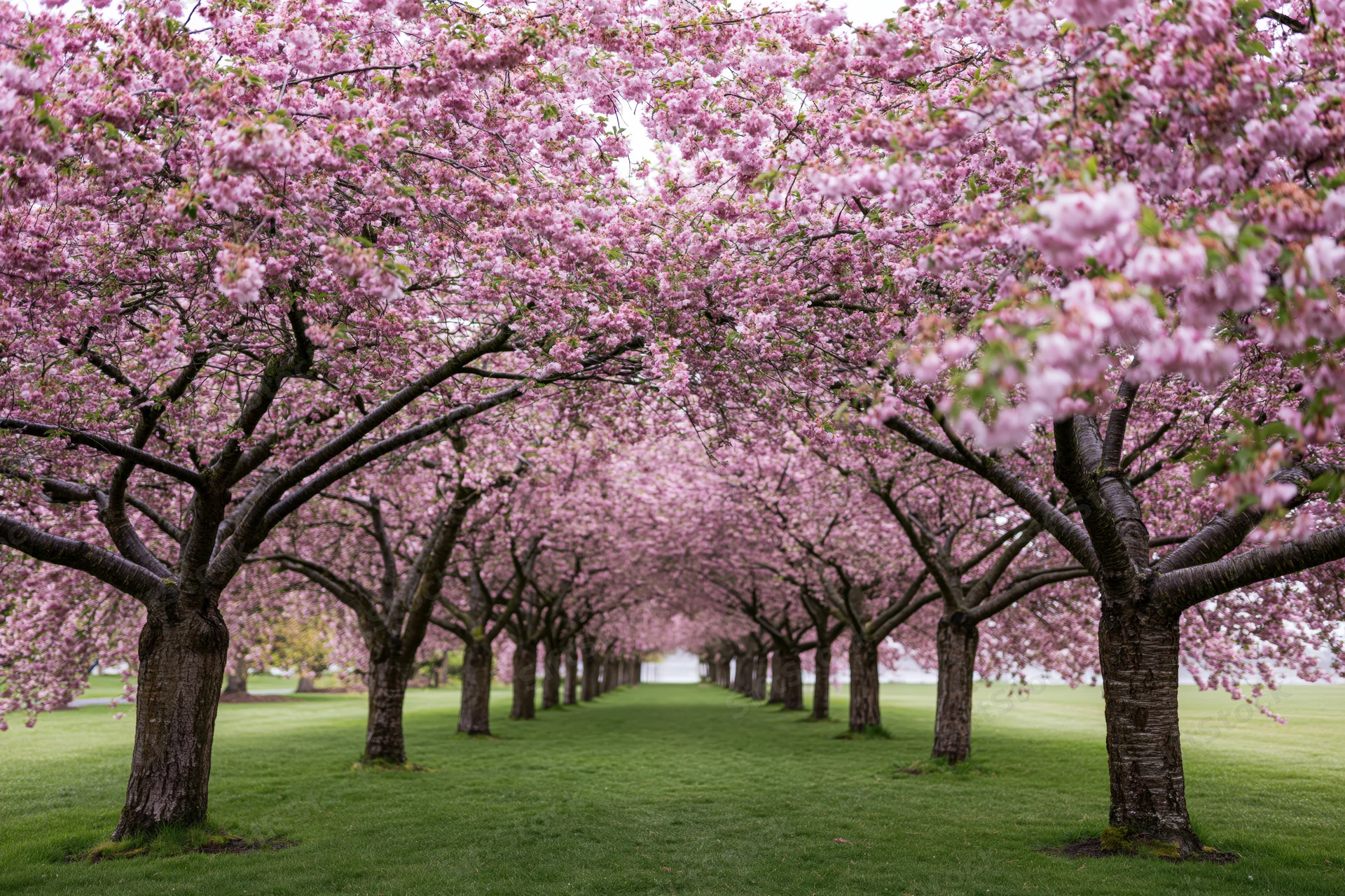 Cherry blossom trees in full bloom forming a tunnel over a grassy pathway in a park