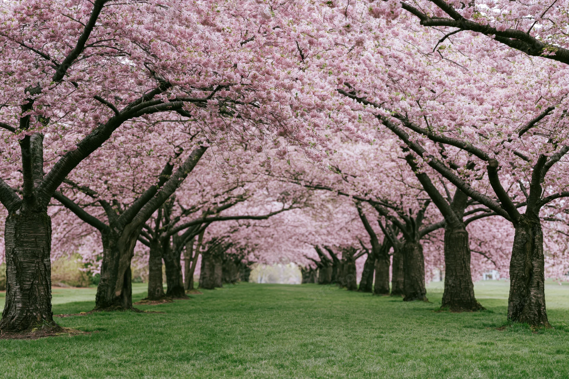 Cherry blossom trees in full bloom forming a tunnel over a grassy pathway in a park