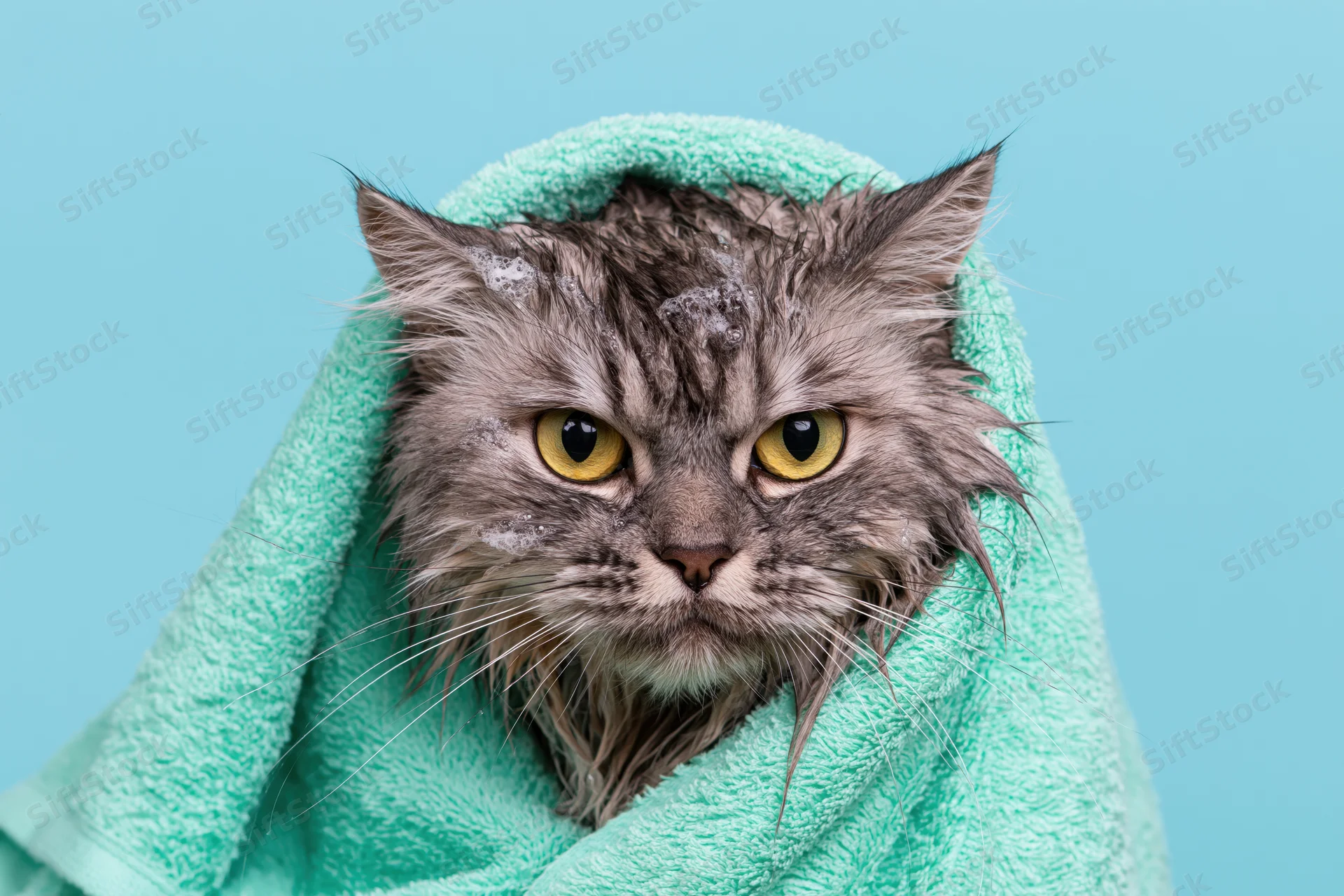 Wet grey tabby cat wrapped in mint green towel against blue background