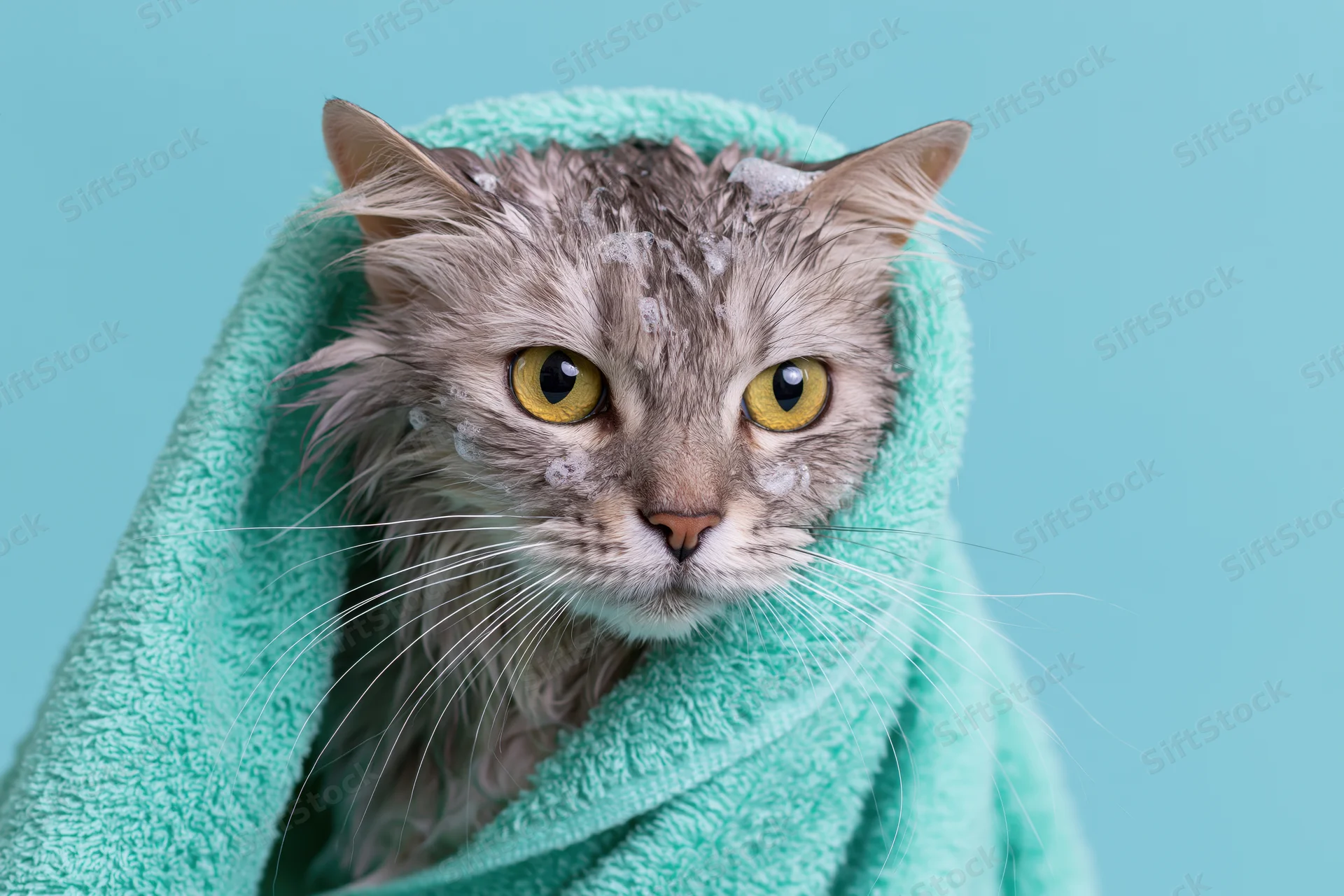 Wet grey tabby cat wrapped in mint green towel, studio portrait closeup