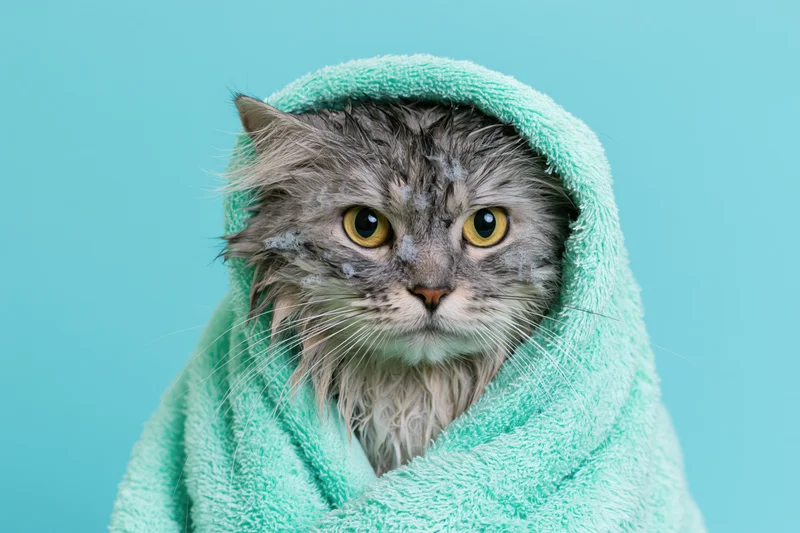 Wet grey tabby cat wrapped in mint green towel against blue background