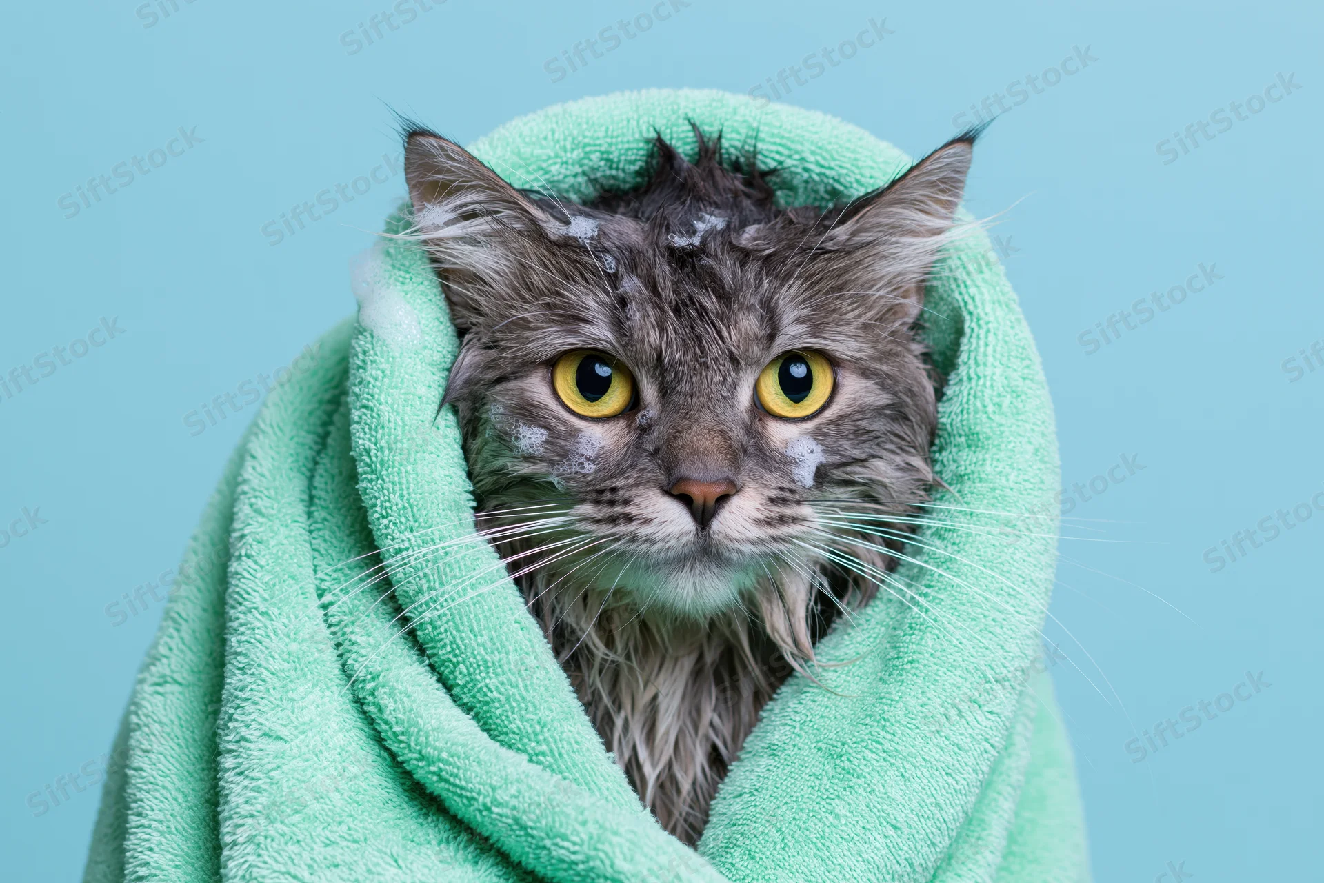 Wet grey tabby cat wrapped in mint green towel against blue background